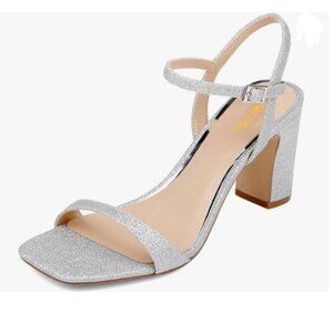 Pazzion Silver Sleek Open Square Toe with Ankle Strap Buckles Block Heel Sandals